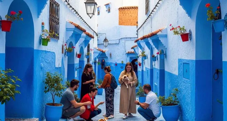 Voyageurs dans une ruelle bleue de Chefchaouen